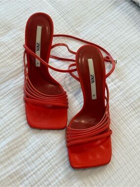Zara Orange Strappy Square-Toe Heeled Sandals